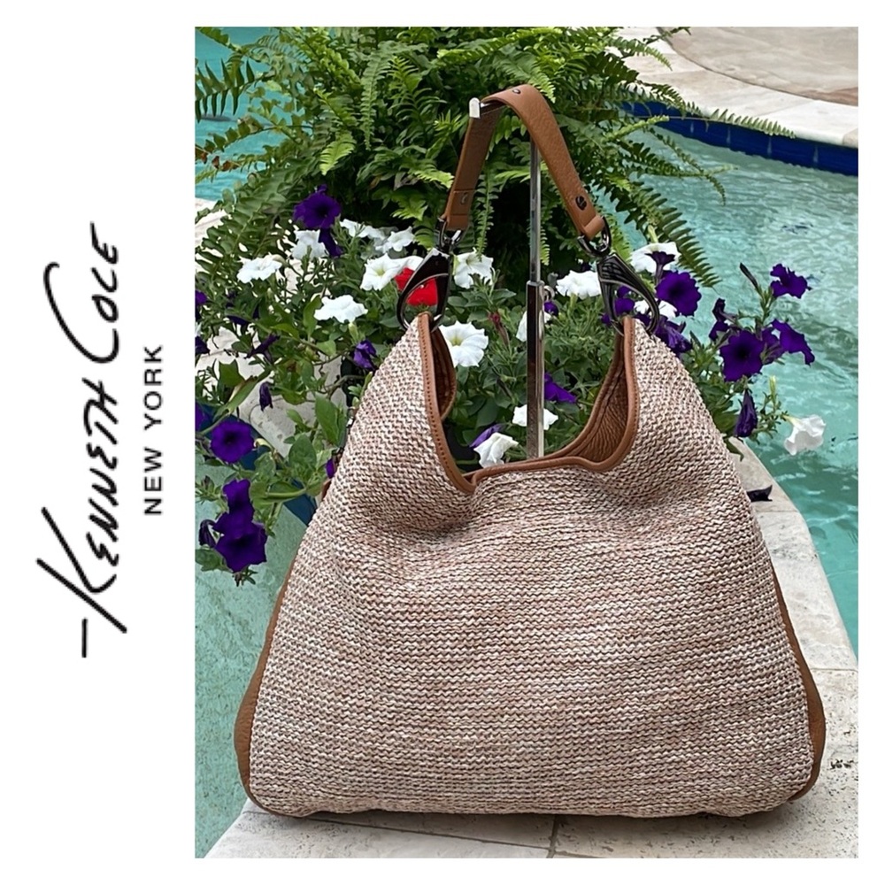 Kenneth Cole NY Hobo/Shoulder Bag Natural Sandstone Leather Trim & Hessian Weave